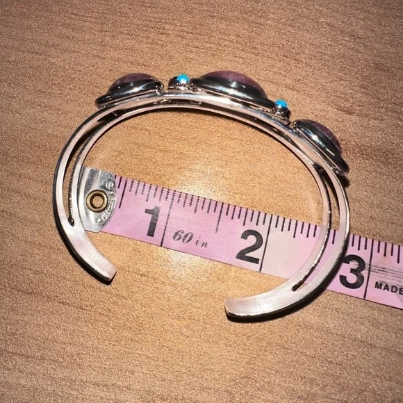 Rhodochrosite with small turquoise & lapis accents sterling silver cuff - Picture 8 of 10